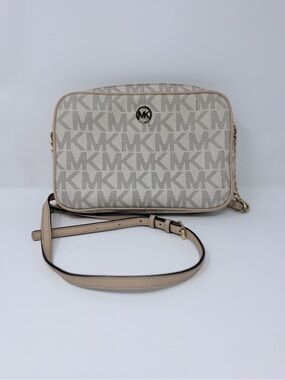 Michael Kors Jet Set Logo PVC Crossbody Bag Vanilla Beige Gold Chain